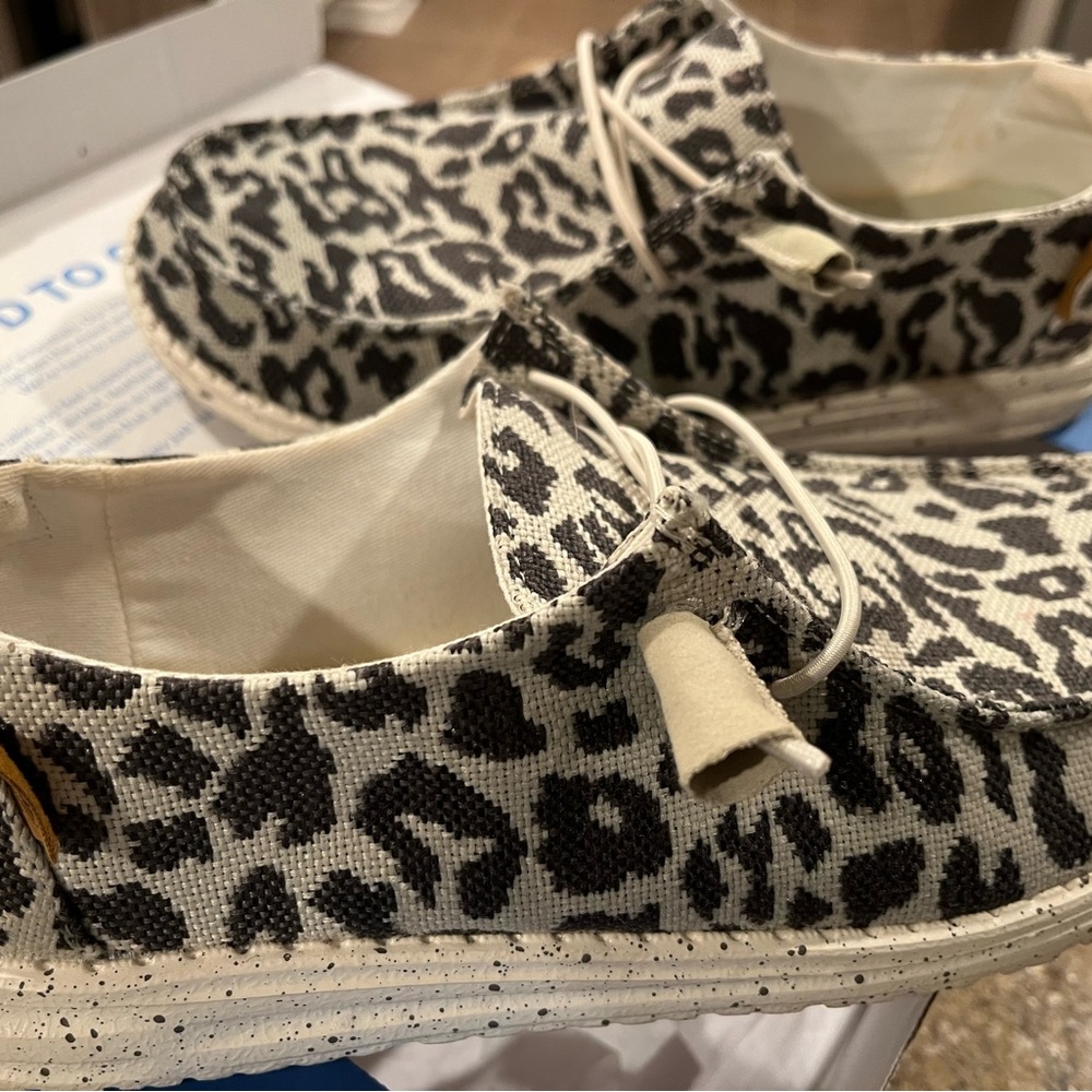 Hey Dude slip one white/black animal print. Worn 1-2 times only.  $23 obo